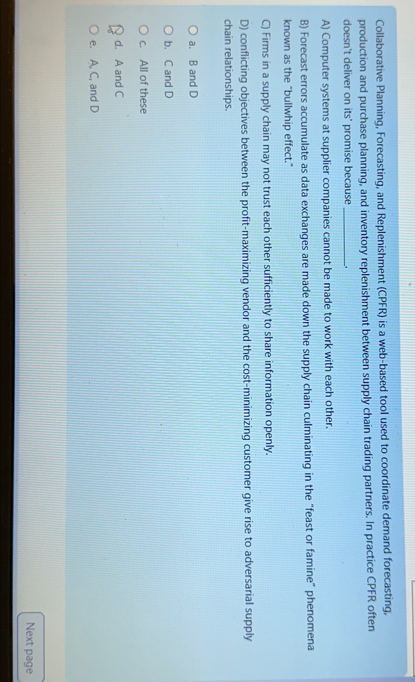 Collaborative Planning, Forecasting, and Replenishment (CPFR) is a web-based tool used