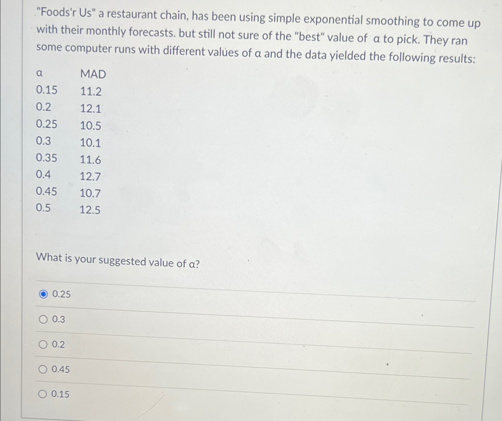  "Foods'r Us" a restaurant chain, has been using simple exponential smoothing
