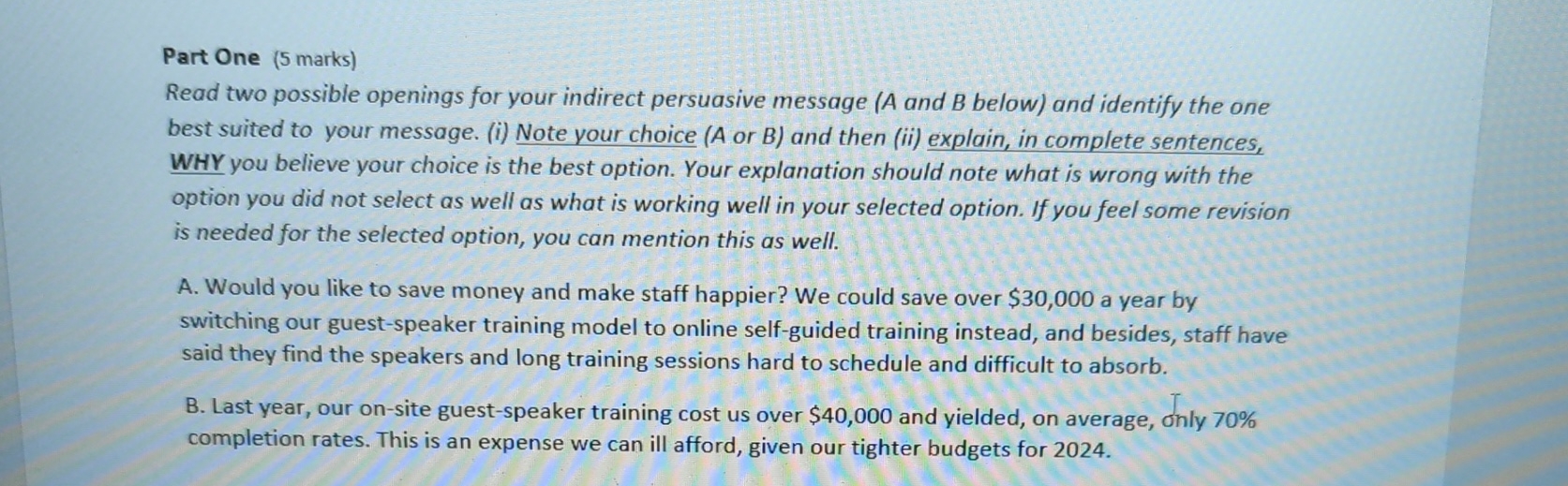  Part One (5 marks) Read two possible openings for your indirect