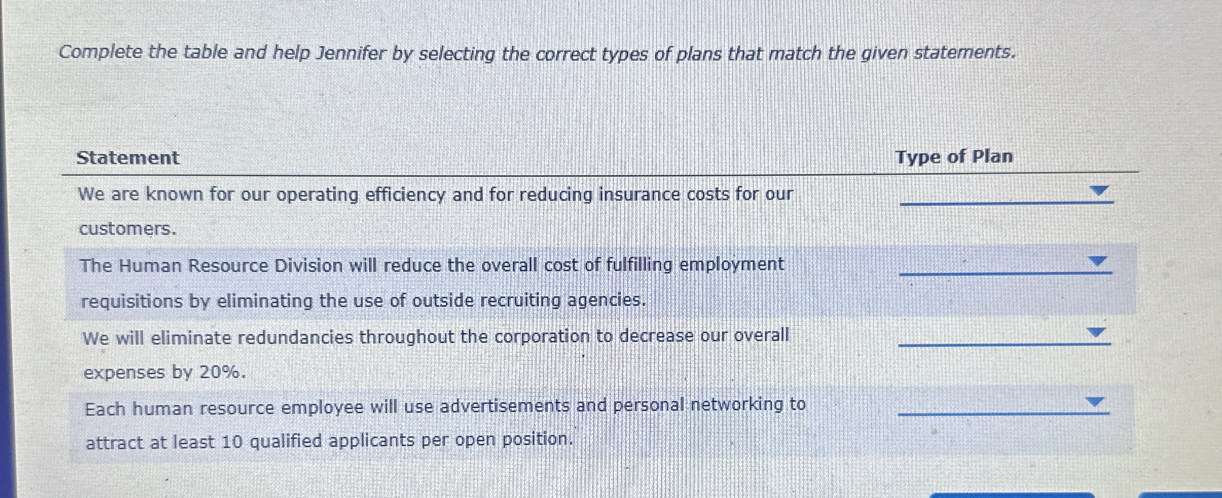  Complete the table and help Jennifer by selecting the correct types
