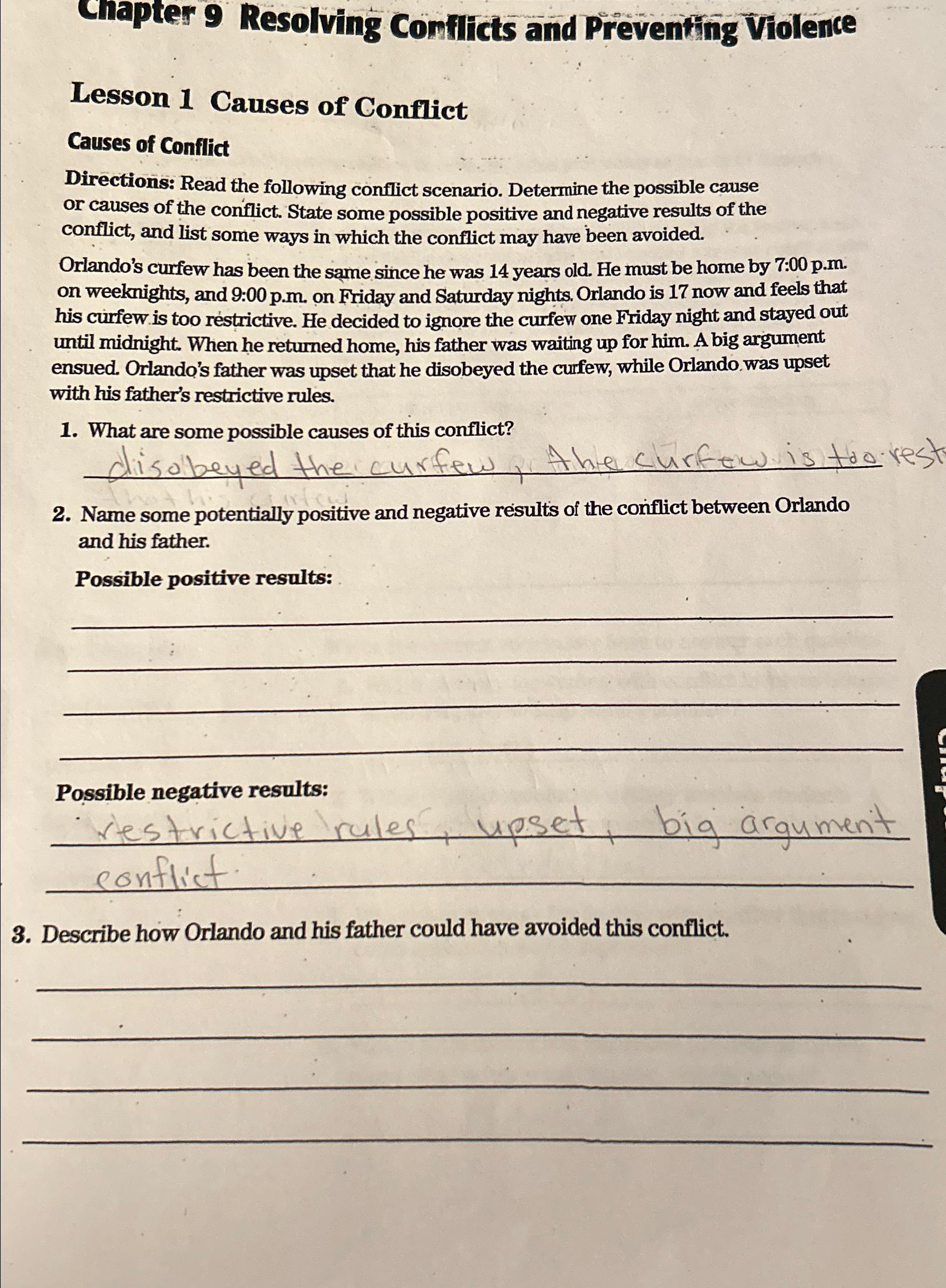  Cnapter 9 Resolving Comflicts and Preventing Violence Lesson 1 Causes of