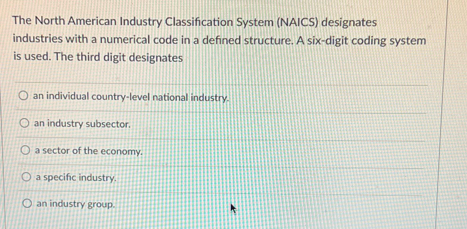  The North American Industry Classification System (NAICS) designates industries with a