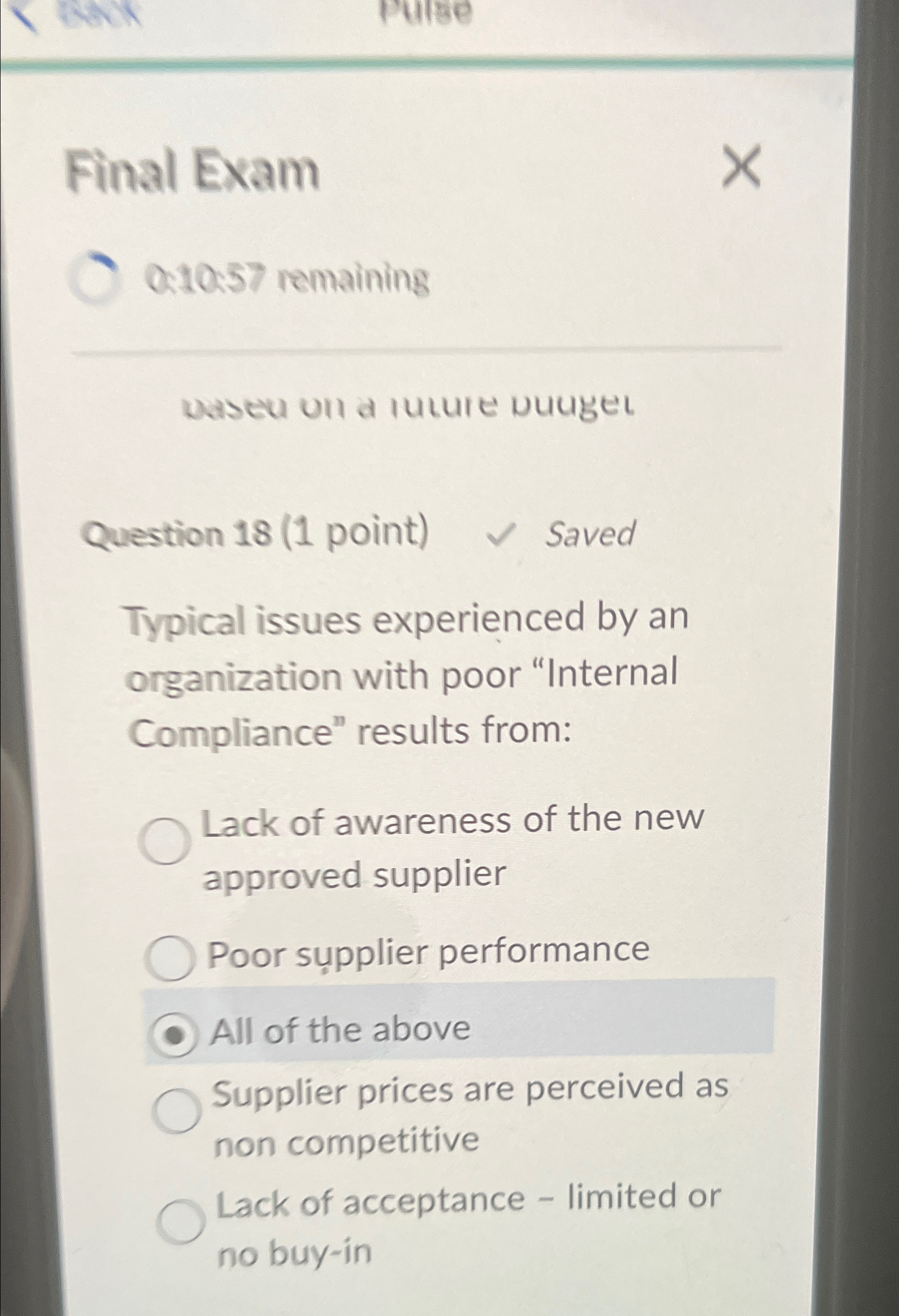  Final Exam 0.10:57 remaining UaseU vil a luture nunget Question 18(1