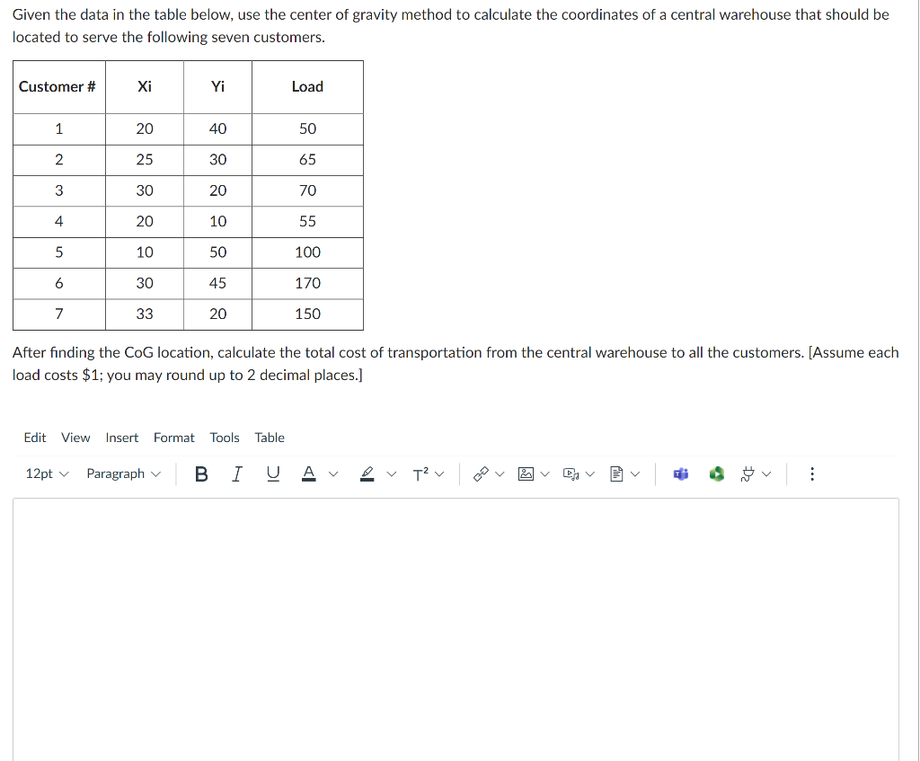  Given the data in the table below, use the center of