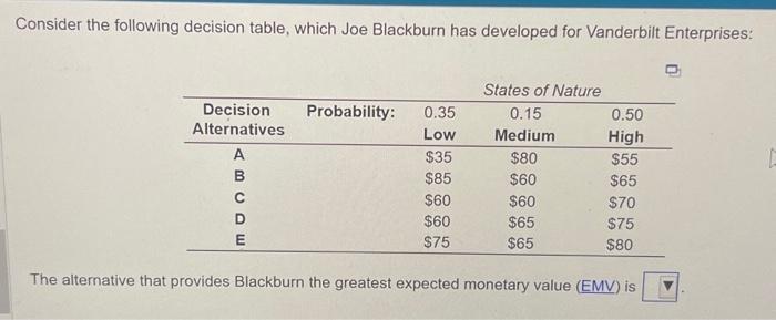 Please solve for the alternative that provides the greatest expected monetary value