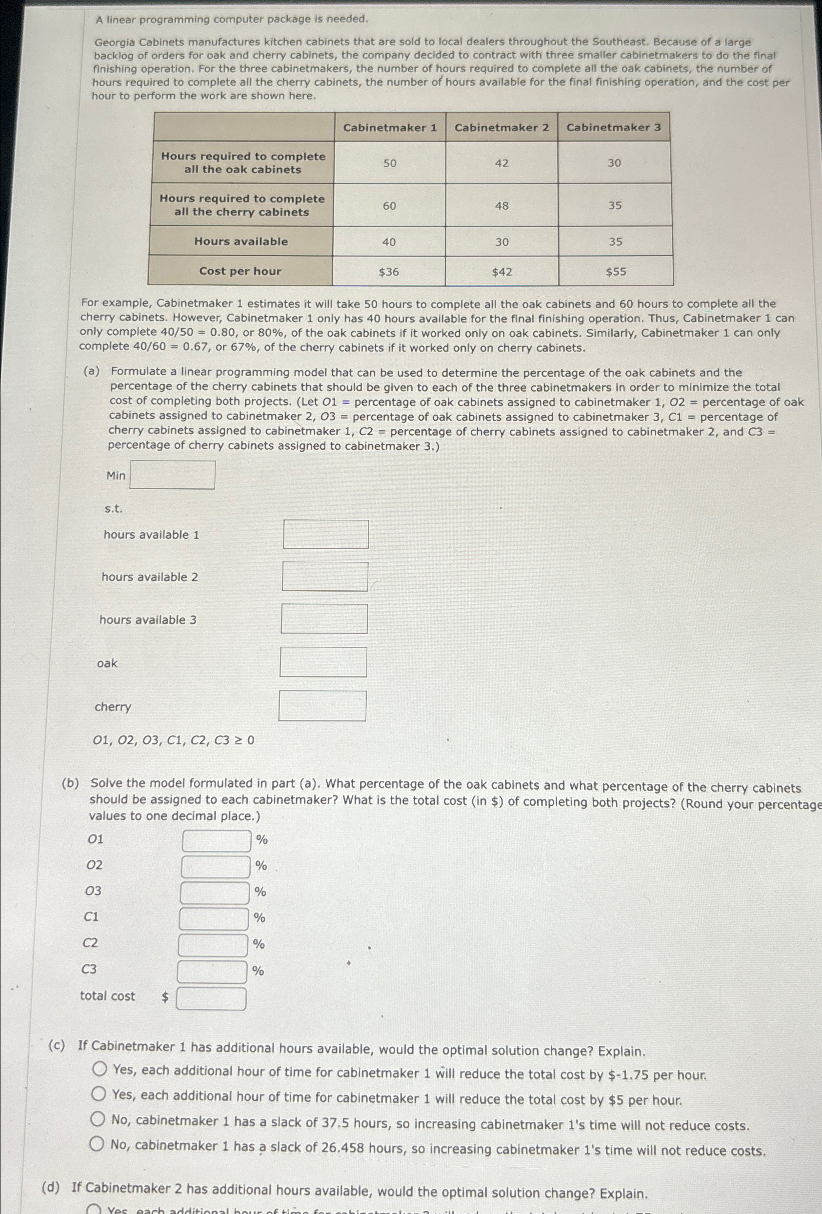  A linear programming computer package is needed. Georgia Cabinets manufactures kitchen