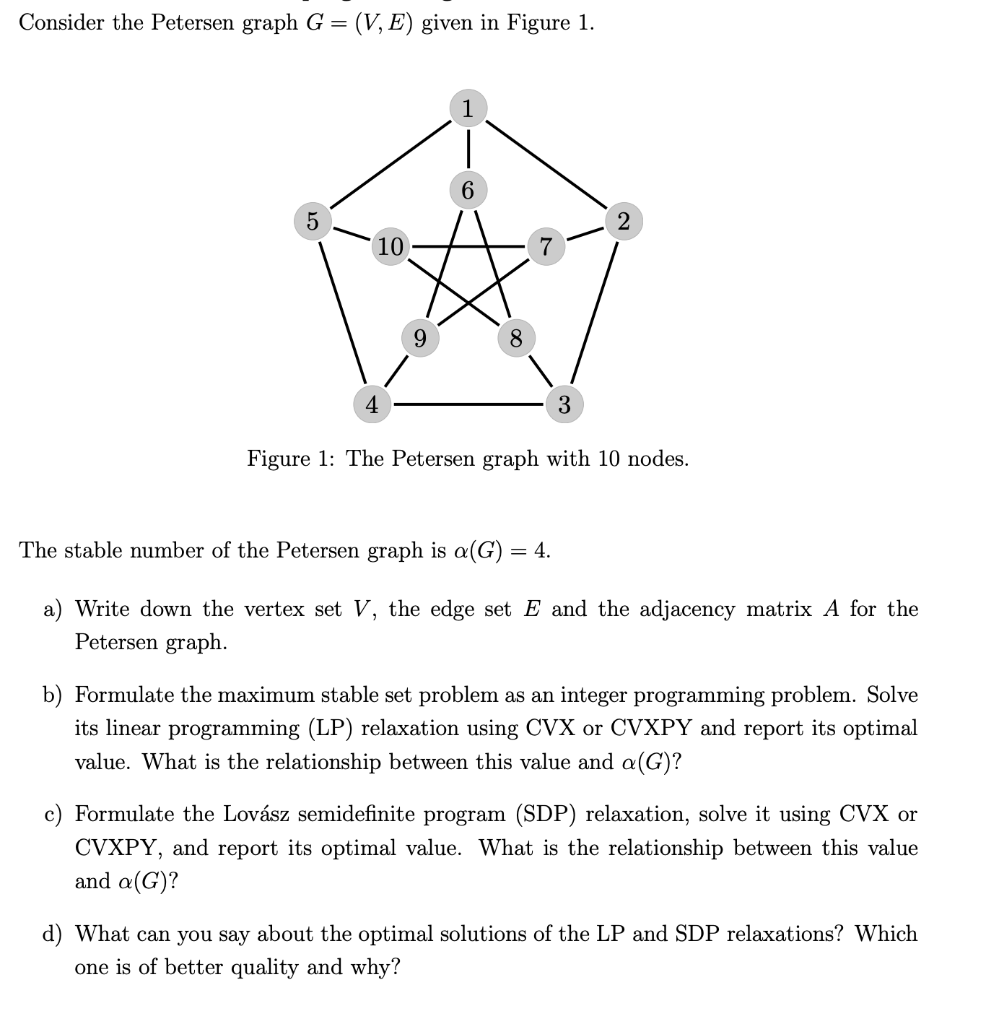  Consider the Petersen graph G=(V,E) given in Figure 1 . Figure