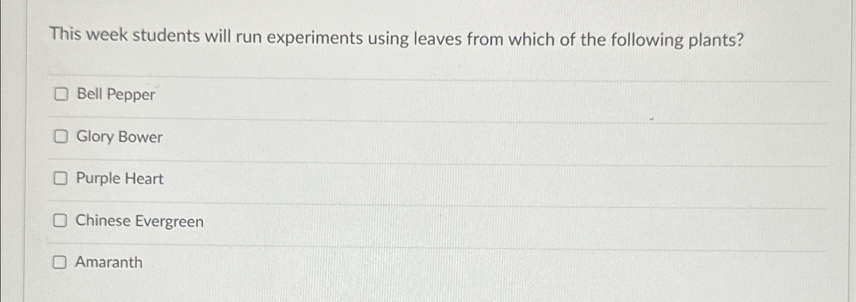  This week students will run experiments using leaves from which of
