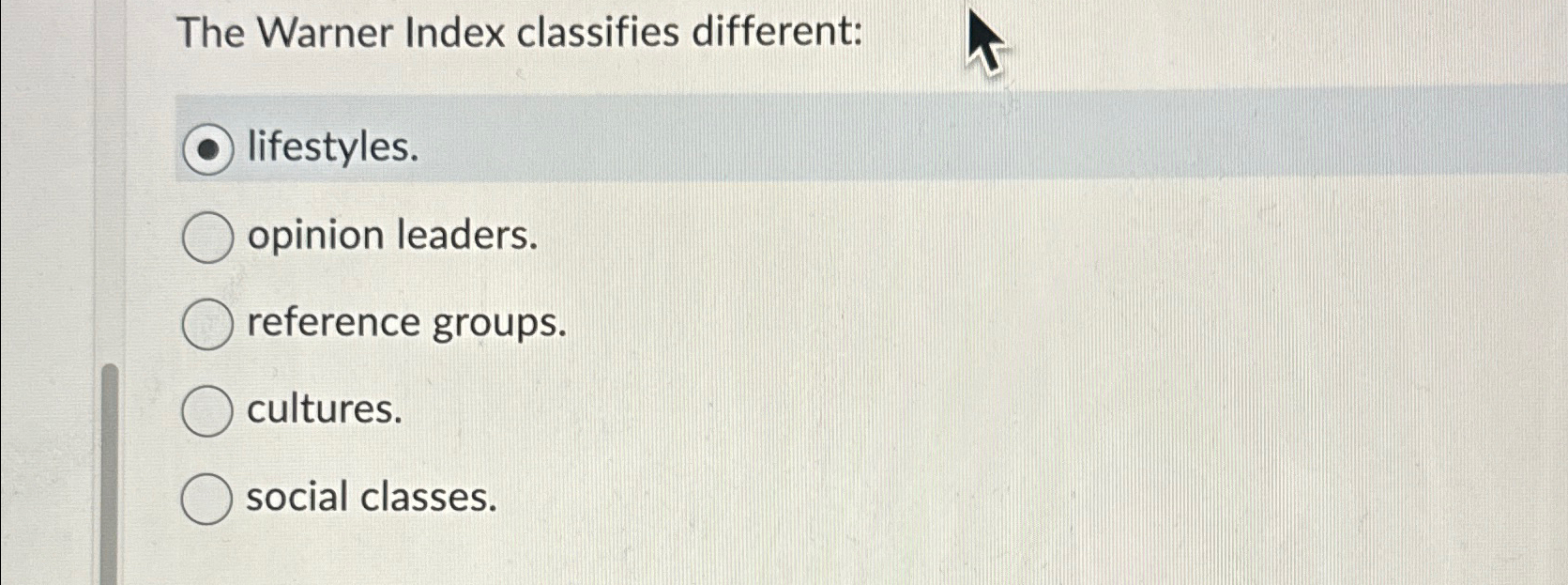  The Warner Index classifies different: lifestyles. opinion leaders. reference groups. cultures.