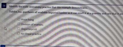  14 Identify the thade-restraining practice that this example demonstrates. Tubifor, inc.