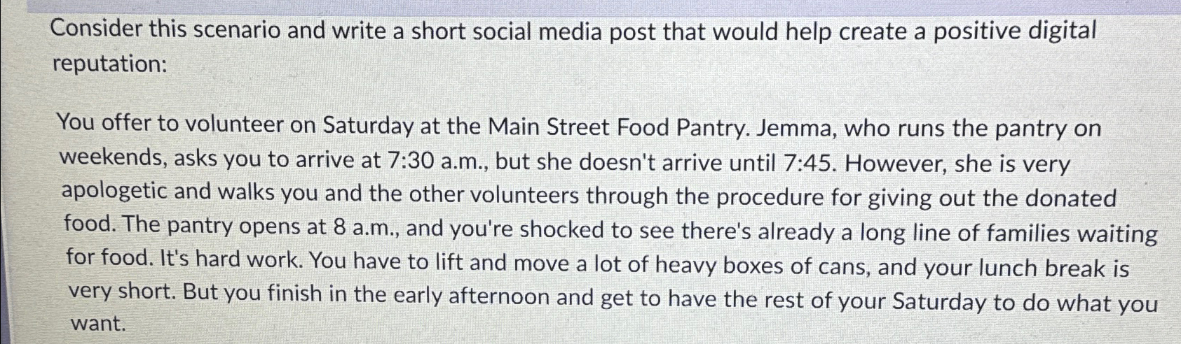  Consider this scenario and write a short social media post that