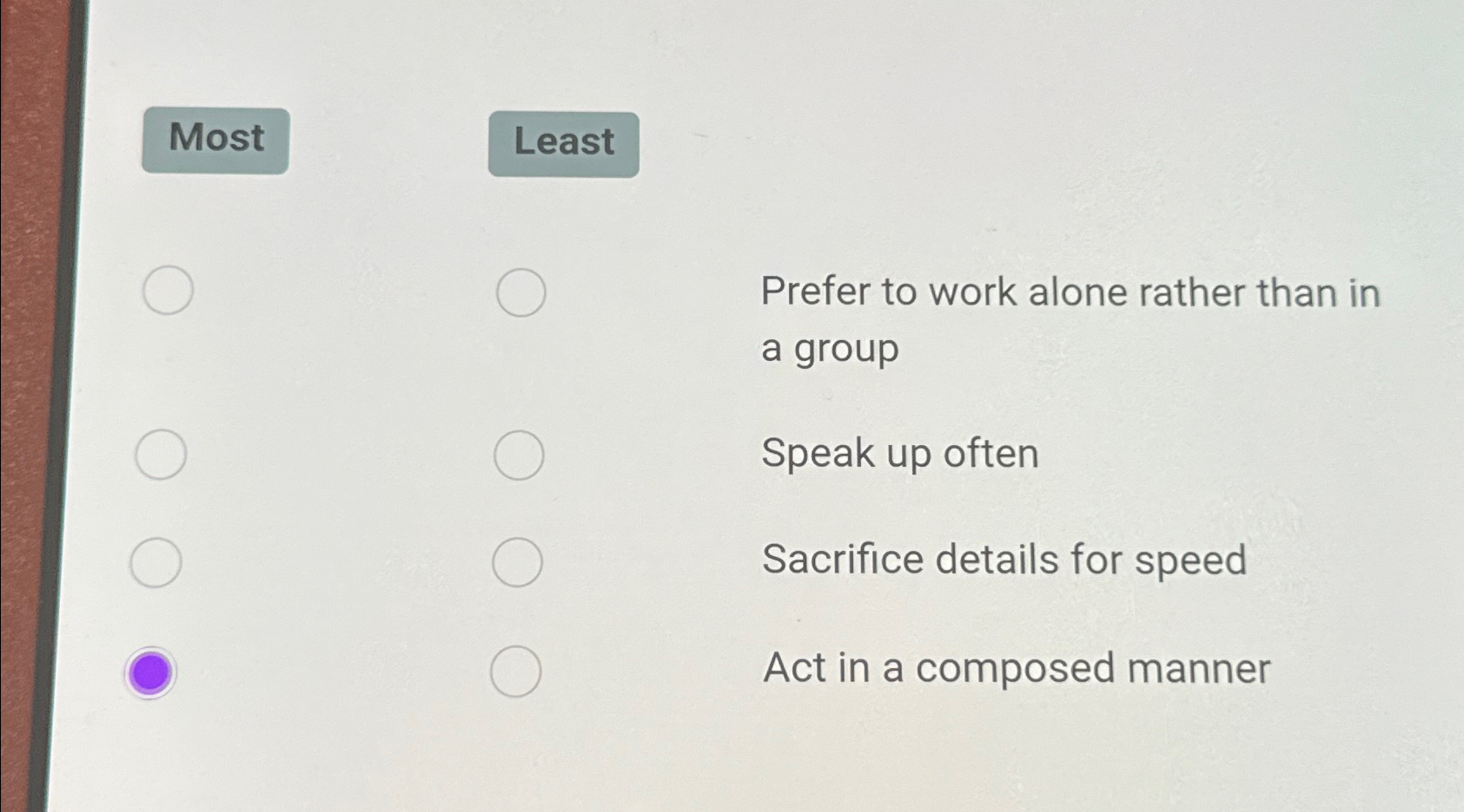  Prefer to work alone rather than in a group Speak up