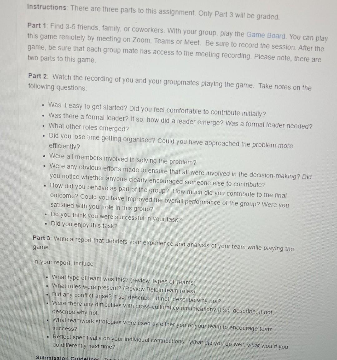  Instructions: There are three parts to this assignment. Only Part 3