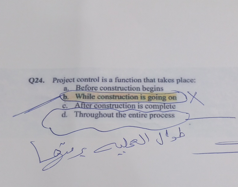  Q24. Project control is a function that takes place: a. Before