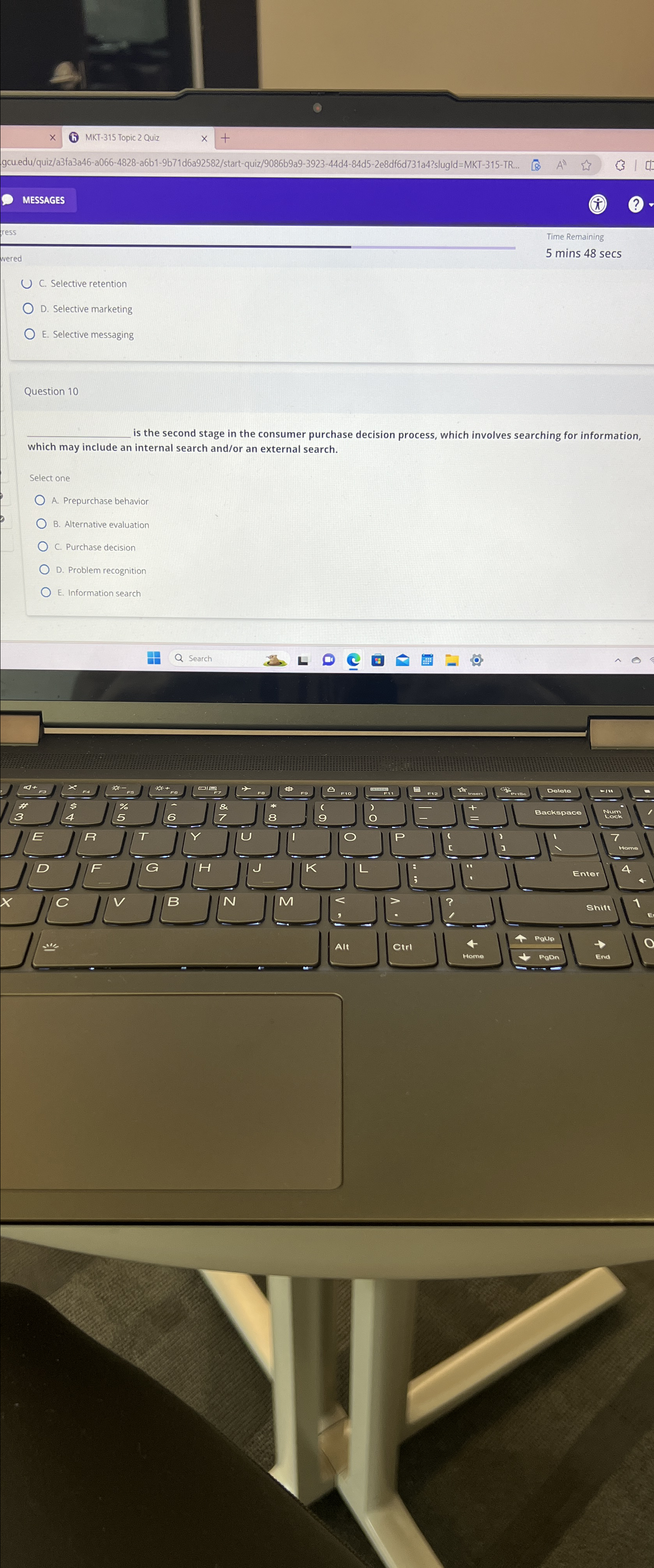  MESSAGES Time Remaining 5 mins 48 secs c. Selective retention D.