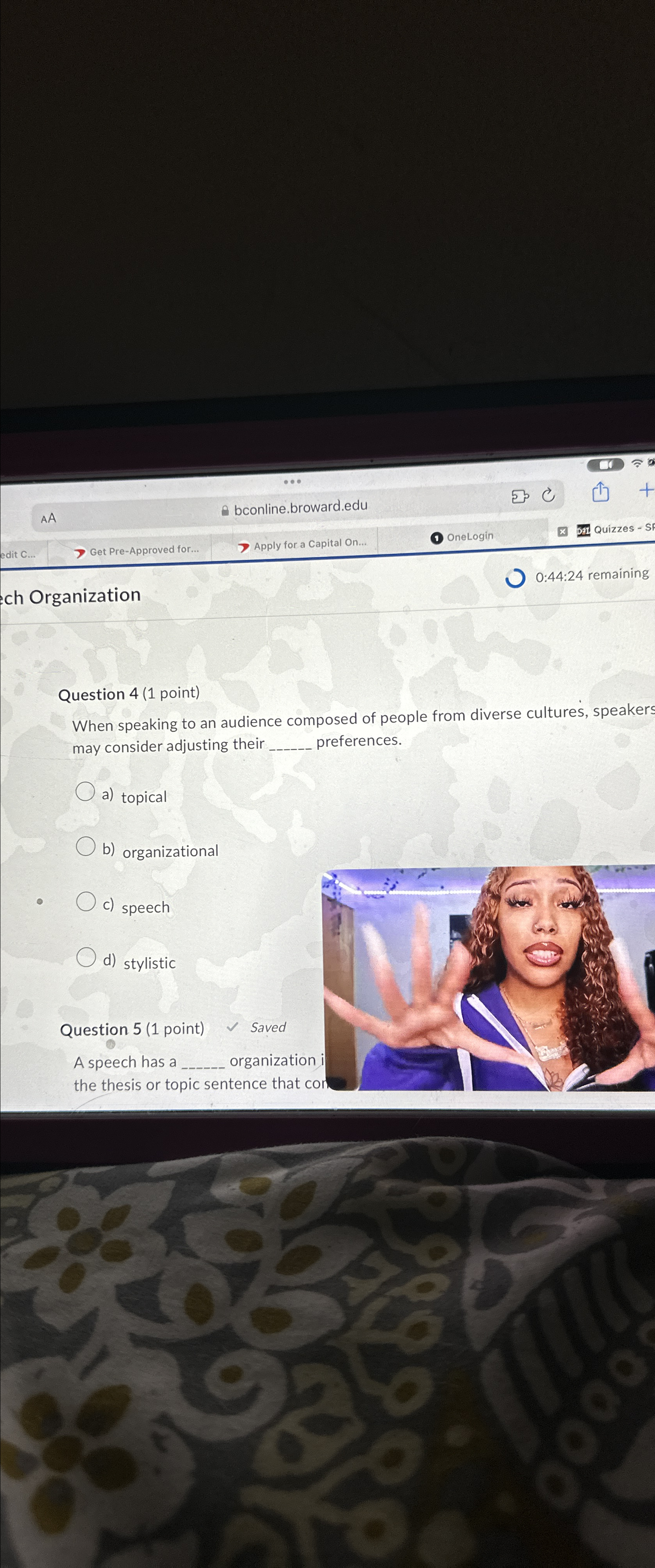  Question 4(1 point) When speaking to an audience composed of people