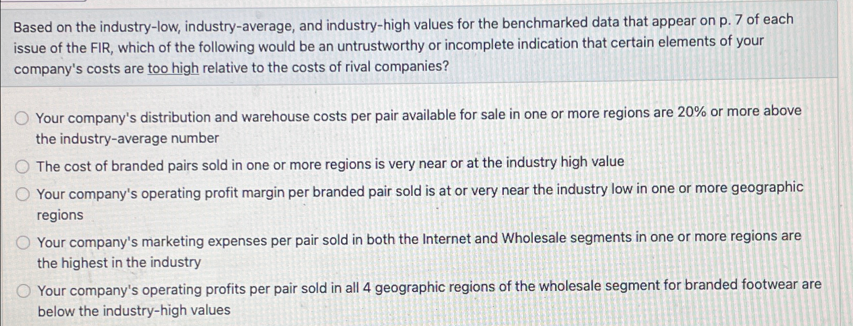 Based on the industry-low, industry-average, and industry-high values for the benchmarked