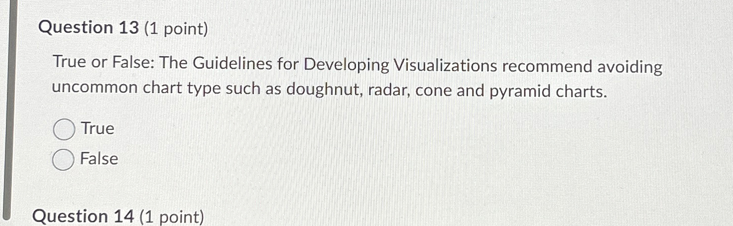  Question 13(1 point) True or False: The Guidelines for Developing Visualizations