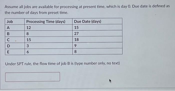  Assume all jobs are available for processing at present time, which