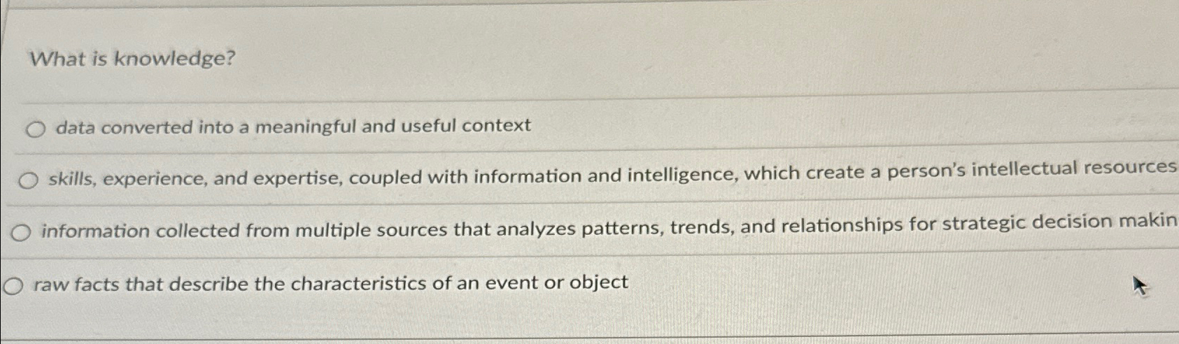  What is knowledge? data converted into a meaningful and useful context