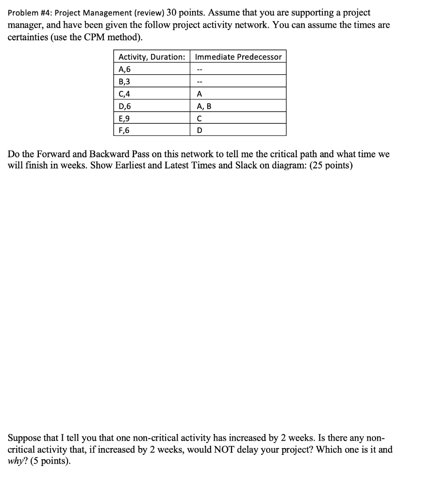 Problem \#4: Project Management (review) 30 points. Assume that you are