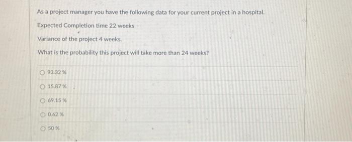  As a project manager you have the following data for your