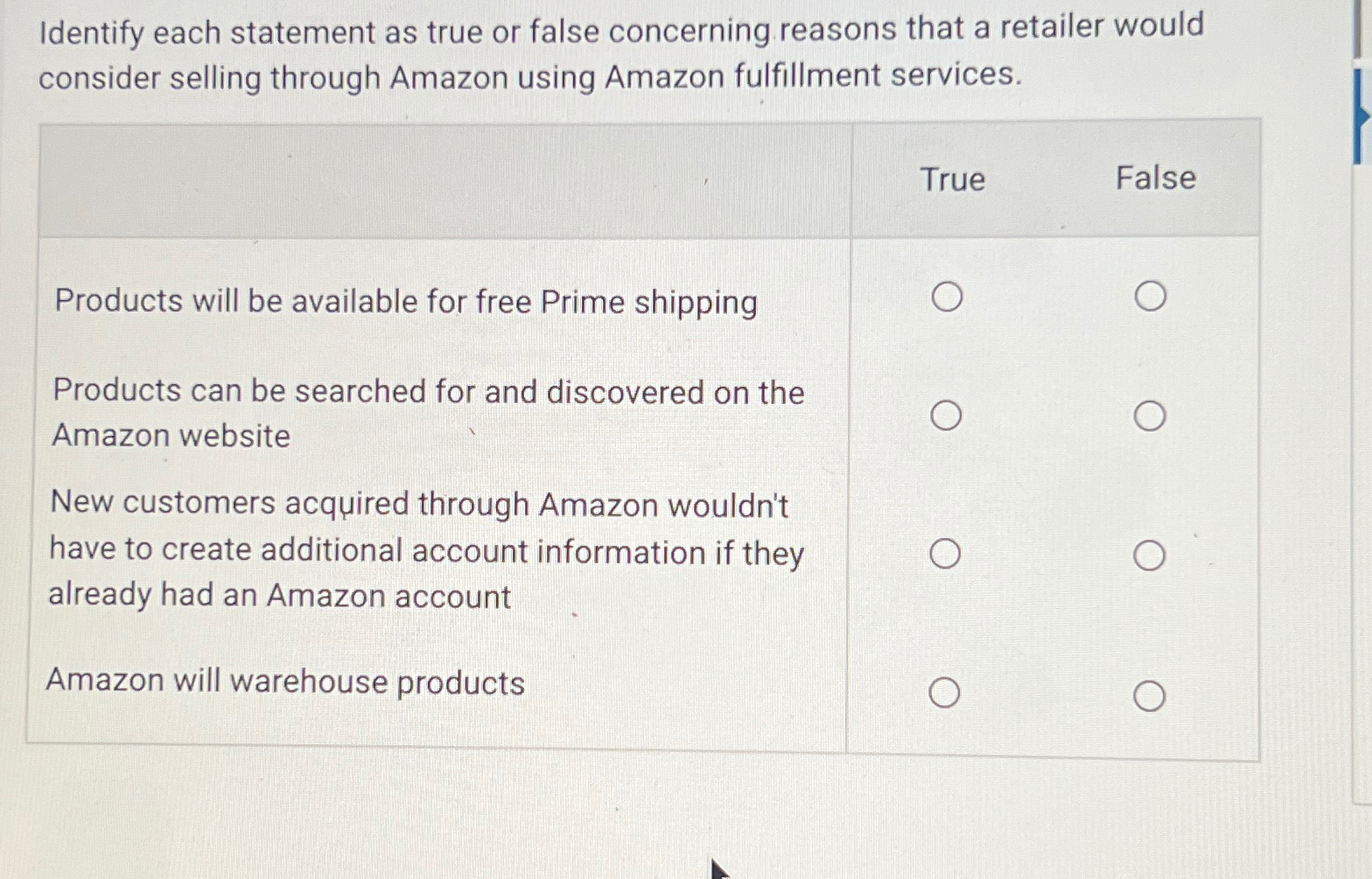  Identify each statement as true or false concerning reasons that a