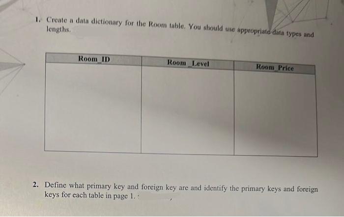 below (15) questions. ROOM TABLE GUEST TABLE 1. Create a data dictionary