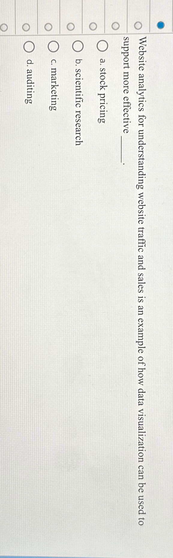  Website analytics for understanding website traffic and sales is an example