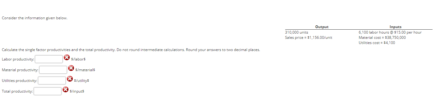 Consider the information given below. Calculate the single factor productivities and