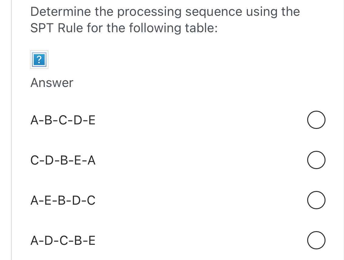  Determine the processing sequence using the SPT Rule for the following