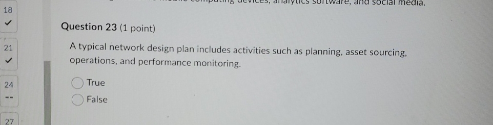  Question 23(1 point) A typical network design plan includes activities such