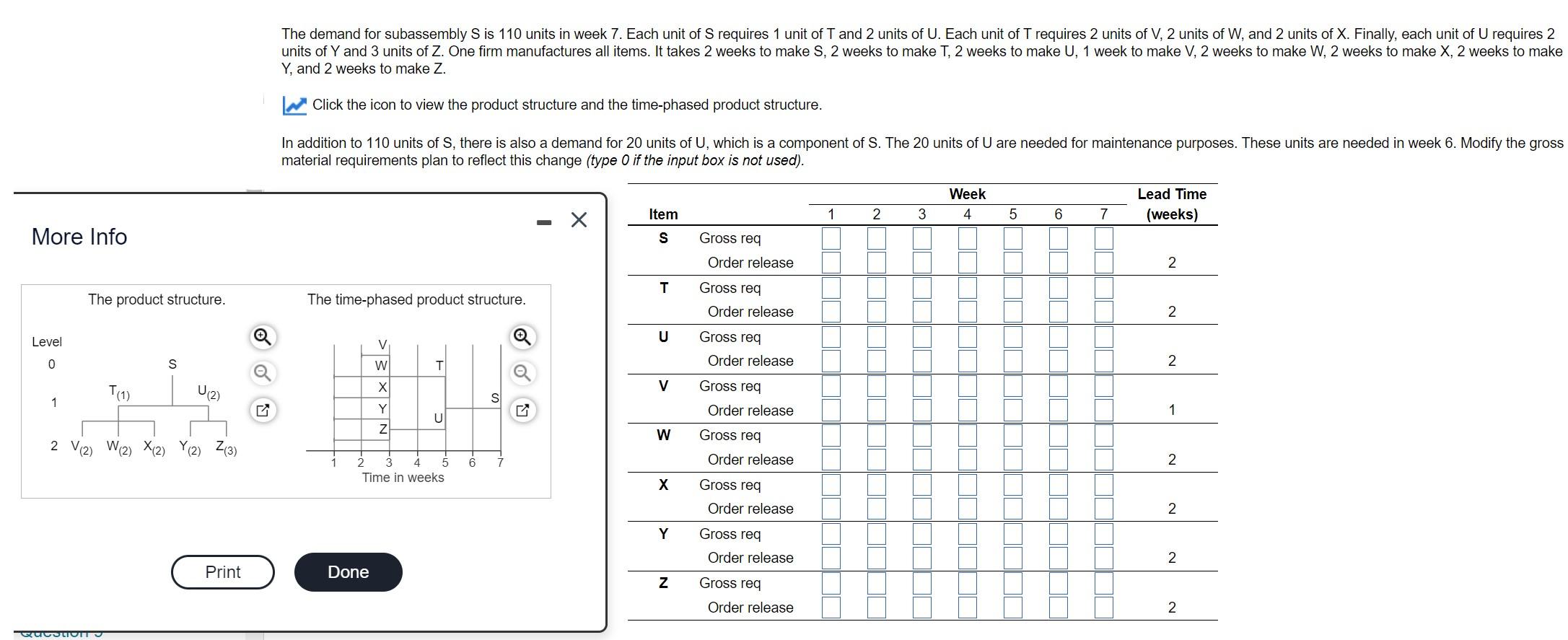 The demand for subassembly S is 110 units in week 7