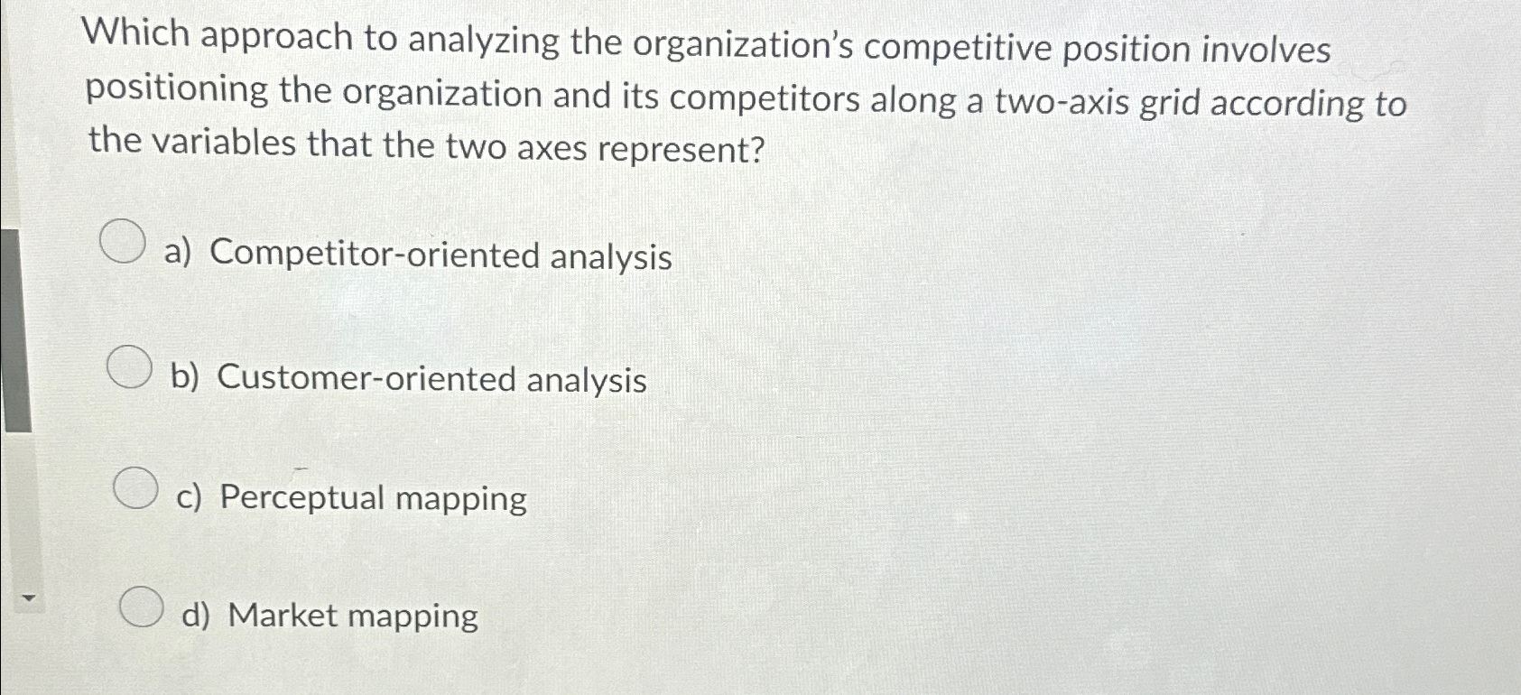  Which approach to analyzing the organization's competitive position involves positioning the