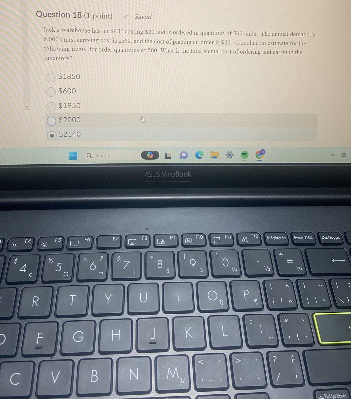  Question 18(1 point) Saved Jack's Warehouse has an SKU costing $20