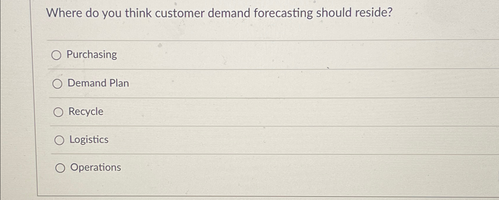  Where do you think customer demand forecasting should reside? Purchasing Demand