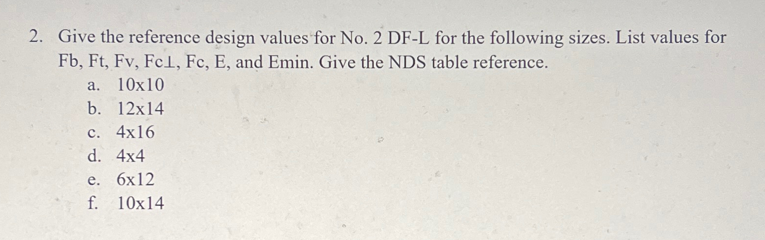  Give the reference design values for No.2DF-L for the following sizes.