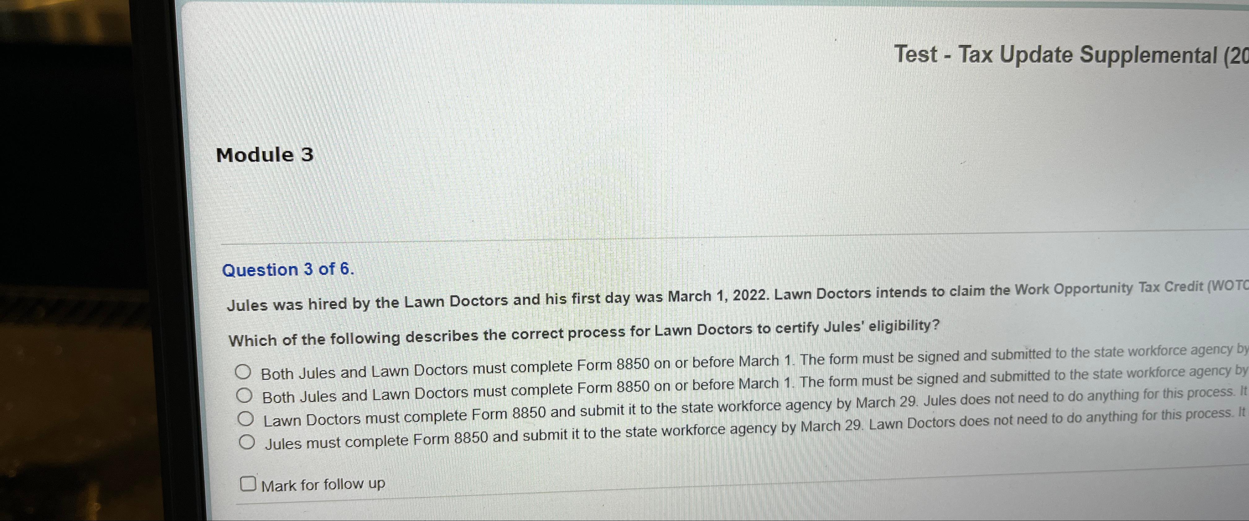  Test - Tax Update Supplemental (20 Module 3 Question 3 of