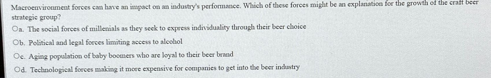  Macroenvironment forces can have an impact on an industry's performance. Which