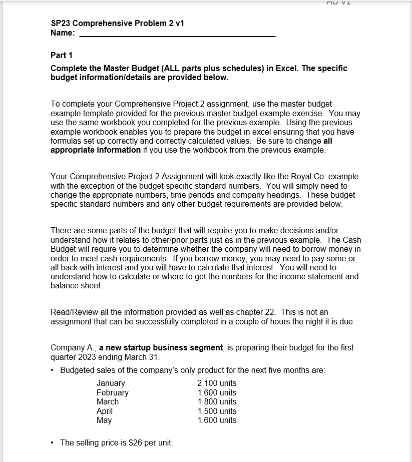  NU VJ. SP23 Comprehensive Problem 2 v1 Name: Part 1 Complete