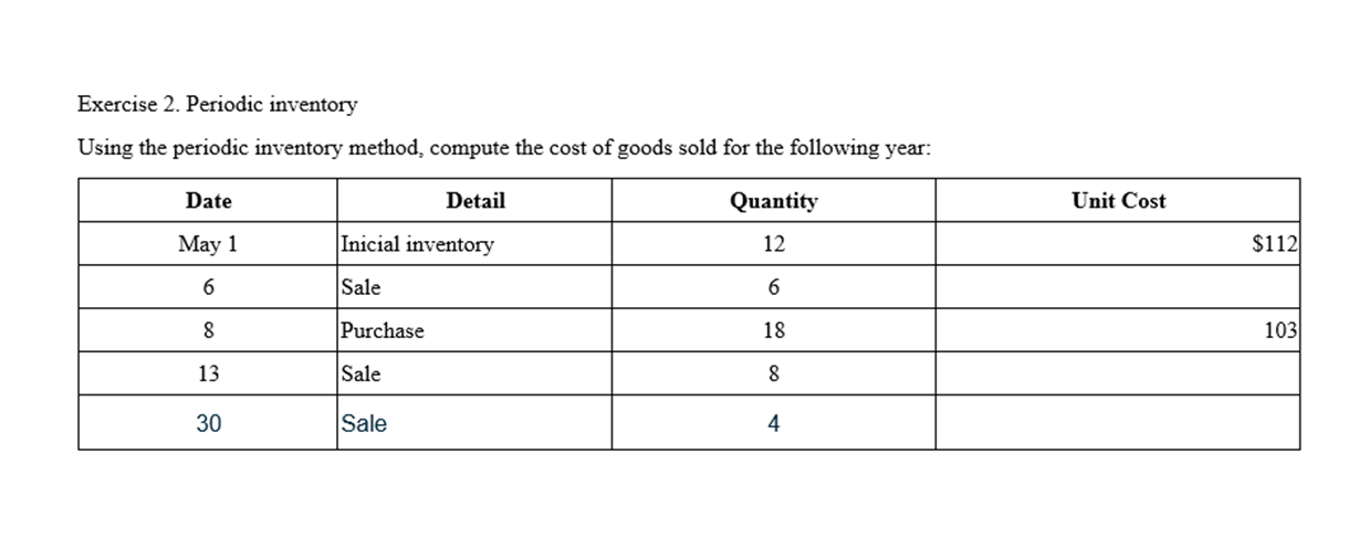 Exercise 2. Periodic inventoty Using the periodic inventory method, compute the