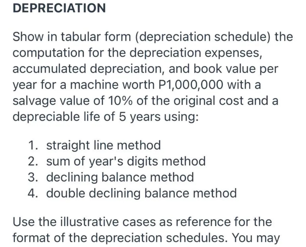 Please show your solution. DE PRECIATION Show in tabular form (depreciation schedule)