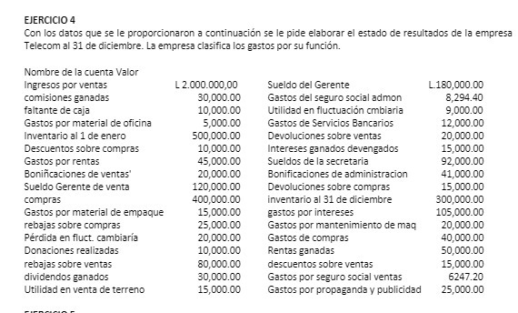  EJERCICIO 4 Con los datos que se le proportionaron a continuacion
