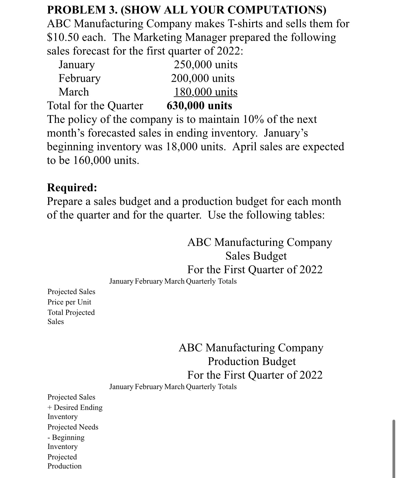  PROBLEM 3. (SHOW ALL YOUR COMPUTATIONS) ABC Manufacturing Company makes Tshirts