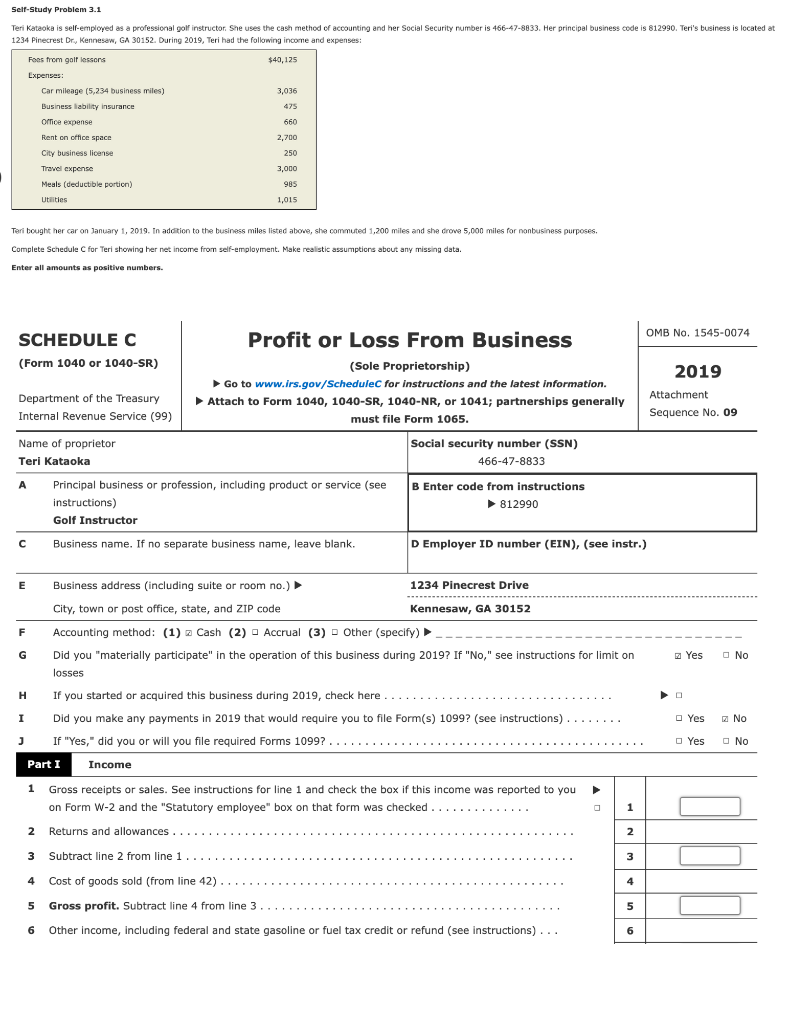  Self-Study Problem 3.1 Teri Kataoka is self-employed as a professional golf
