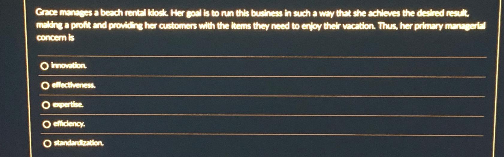  concern is Incurtion. ellectiveness. expertise. elldiency. standarileation. 
