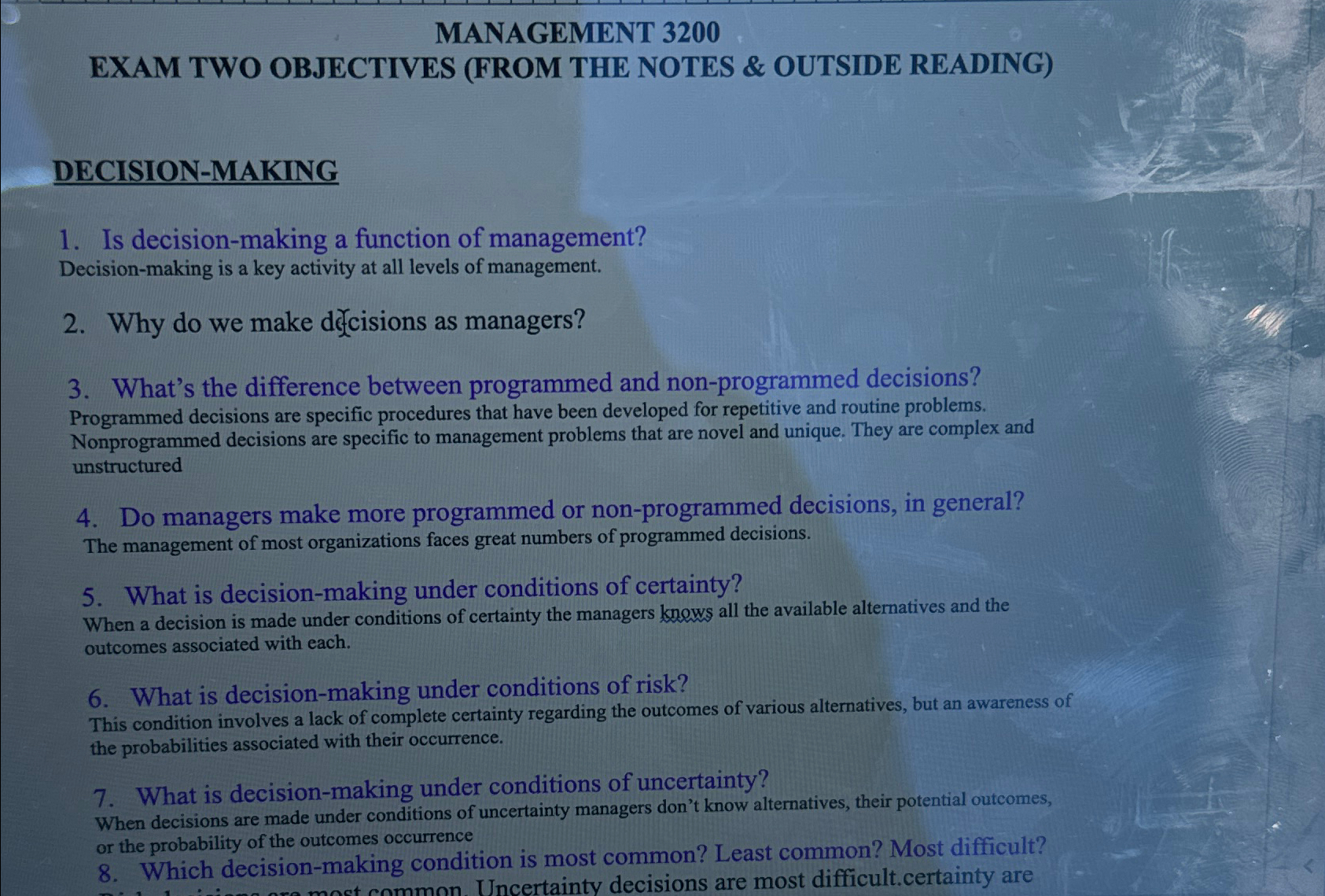  MANAGEMENT 3200 EXAM TWO OBJECTIVES (FROM THE NOTES & OUTSIDE READING)