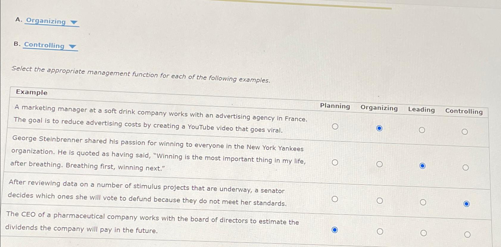  A. Organizing grad B. Controlling grad Select the appropriate management function
