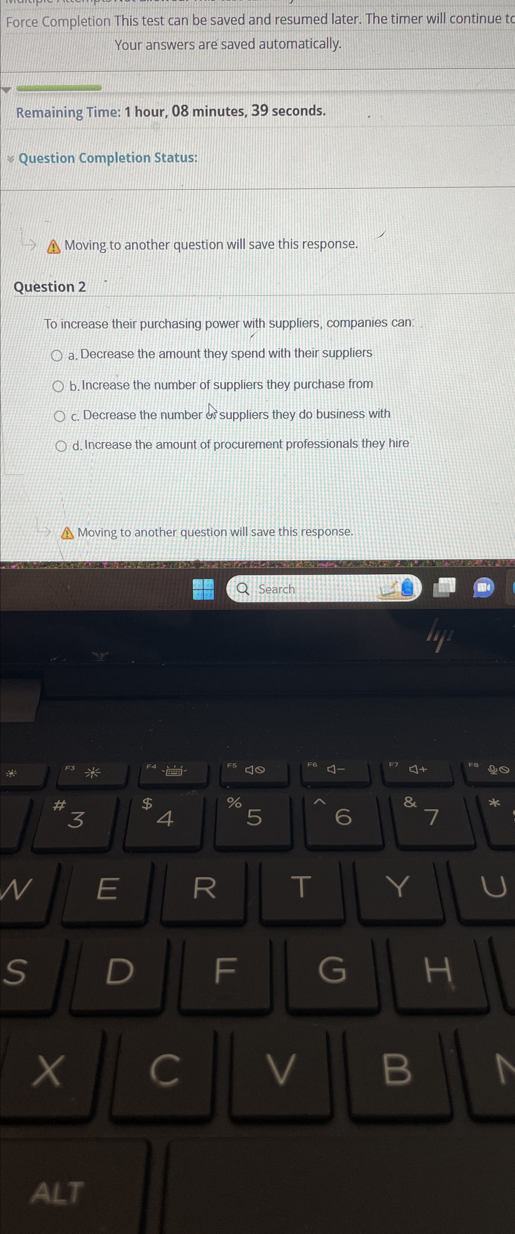  Force Completion This test can be saved and resumed later. The