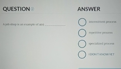  QUESTION (i) A job shop is an example of a(n) ANSWER